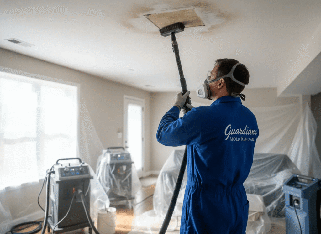 Guardians Mold Removal technician performing attic mold cleanup on ceiling in Rancho Palos Verdes home