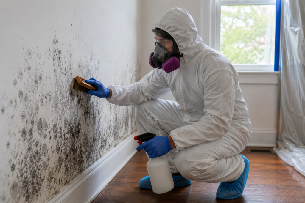 Guardians Mold Removal technician eliminating bathroom mold from tiles and grout in Rancho Palos Verdes home