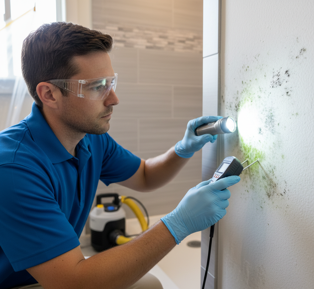 Guardians Mold Removal technician inspecting white mold treatment on wooden beams in Rancho Palos Verdes home
