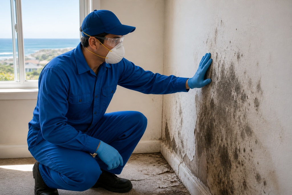 Mold removal specialist inspecting mold-damaged wall in Rancho Palos Verdes home