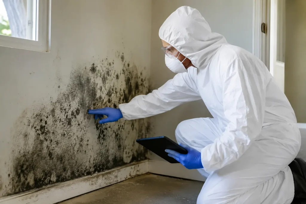 mold remediation South Gate CA technician inspecting black mold on residential wall