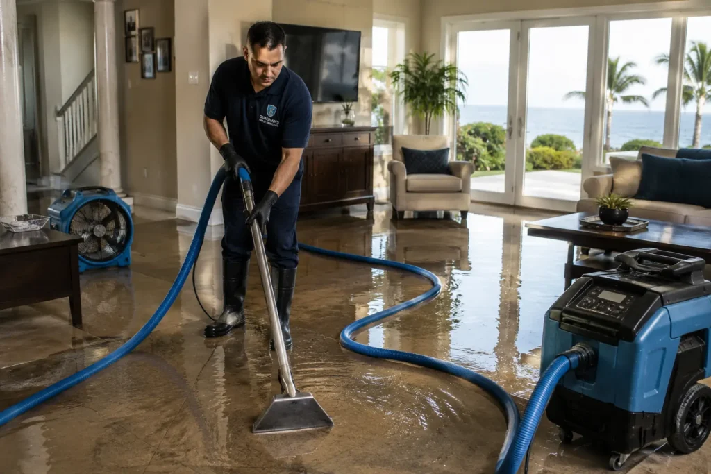 water damage restoration Rancho Palos Verdes CA technician extracting water from flooded home