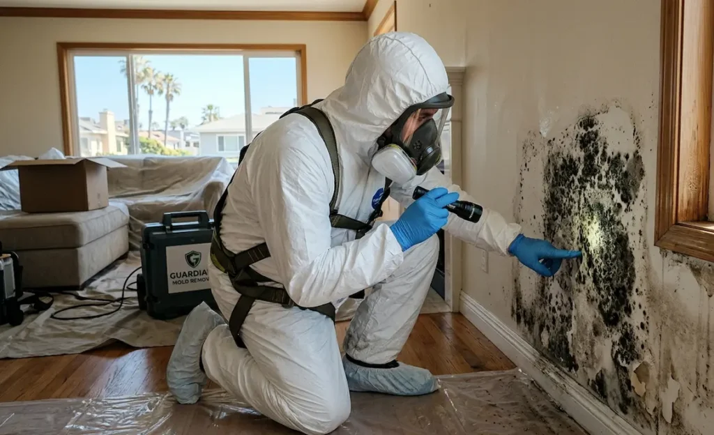 Mold remediation Rancho Palos Verdes CA technician in containment area