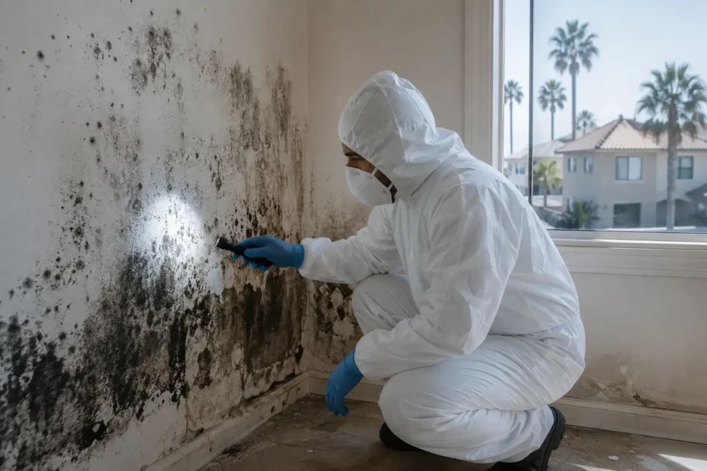 mold removal Long Beach CA technician inspecting black mold on residential wall